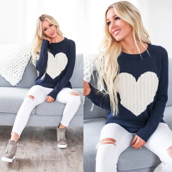 NEW Navy Oatmeal Cable Heart Cotton Blend Sweater - Picture 4 of 12